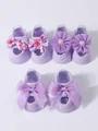 Detailed set of three pairs of purple baby floor socks with bows and flower accents - S (0-1 Year) / Bow/Flower Set / 3 Pairs Set / Purple