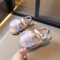 Elegant girls' silver sandals with large lace flower decor and adjustable buckle strap - 23 / Insole 15cm / Silver