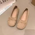 Eleganti ballerine beige da donna con fiocco carino e morbido tessuto strutturato - Kaki