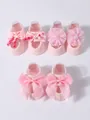 Set of three pink baby socks featuring varied floral and bow decorations - S (0-1 Year) / Bow/Flower Set / 3 Pairs Set / Pink