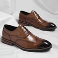 Premium brown leather Brogue business shoes for men with elegant English office design - 37 / Brown (With 1.2cm Height Increasing Insole)
