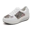 Stylish white platform rocker sneakers with colorful glitter sequin panels for women - 35 / White