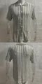 High-detail front and back views of green and white vertical striped knit polo shirt - M / Tops / Green