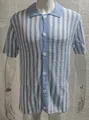 Detail view of blue striped hollow-knit cardigan with lapel and white buttons. - M / Tops / Blue