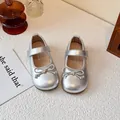 Elegant shiny silver Mary Jane shoes for girls featuring a cute bow and comfortable square toe. - Size 23 (Inner Length 14.3cm) / Silver