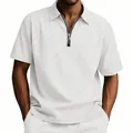 Detailed view of white men's polo shirt featuring a subtle checkerboard jacquard pattern - S / Tops / White