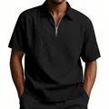 Men's black short sleeve polo shirt with textured checkerboard jacquard and half-zip - S / Tops / Black