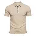 Men's khaki checkerboard jacquard polo shirt with half-zipper closure - S / Tops / Khaki