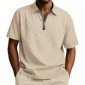 Detail of men's polo shirt featuring heavy checkered jacquard texture and half-zip collar - S / Tops / Khaki