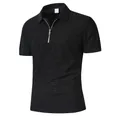 Men's casual black short sleeve polo shirt featuring zipper and geometric brick texture - S / Tops / Black