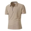Men's casual beige polo shirt featuring quarter zipper and 3D geometric dark texture - S / Tops / Khaki