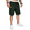 Men's loose straight-leg casual shorts in dark green color with drawstring waist. - Dark Green