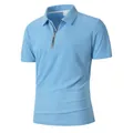 Men's sky blue short sleeve polo shirt with zipper and textured square pattern - S / Tops / Light Blue