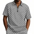 Close-up of the grey checkered jacquard texture on this men's casual half-zip polo shirt. - S / Tops / Light Gray