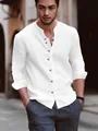 Herren-Freizeithemd aus weißer Baumwolle und Leinen mit einem Retro-Henley-Ausschnitt - Weiß