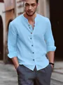 Hochwertiges hellblaues Herren-Baumwoll-Leinen-Henley-Hemd mit Vintage-Knöpfen und Ärmeln - Blau