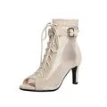 Eleganti stivaletti estivi beige in rete con punta aperta e stringati - 34 / Tacco a Spillo 7cm / Scamosciato Albicocca
