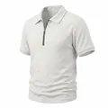 Close-up of white heavy jacquard checkerboard texture on men's half-zip polo shirt - S / Tops / White