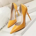 Elegant yellow patent leather pointed toe stiletto pumps featuring a hollow side design - 34 / Pumps (638-5) / Yellow