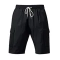 Detail view of men's black linen cargo shorts with drawstring and side pockets - S / Bottom (YFY-WW-15) / Black