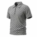 Detailed view of grey checkerboard jacquard texture on men's quarter-zip polo shirt - S / Tops / Light Gray