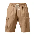 Vista dettagliata dei pantaloncini cargo in lino kaki da uomo con vita elasticizzata e coulisse - Giallo ocra