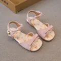 Sweet pink floral girls sandals with decorative bow and soft sole - Pink