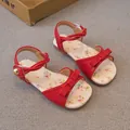 Red girls floral sandals with sweet bow accent and comfortable soft sole for summer - Red