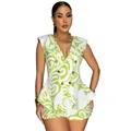 Modieuze groen-witte tweedelige set met mouwloze blazer met print en korte broek - S / Boven- En Onderstuk / Groen