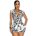 Detail van modieuze tweedelige set met geprinte blazer zonder mouwen en shorts - S / Boven- En Onderstuk / Zwart Wit