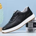 Breathable black leather men's sneakers with hollow-out design and white sole - 37 / Hollow Lace-Free Style / Black