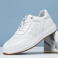 Breathable white first-layer cowhide leather sneakers for men with perforated holes - 37 / Hollow Lace-Free Style / White