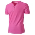 Men's casual summer slim-fit short-sleeve Henley shirt in bright pink seersucker fabric - S / Tops / Pink