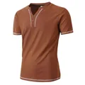 Men's slim fit short sleeve Henley shirt in brown seersucker fabric with white stitching detail - S / Tops / Dark Brown