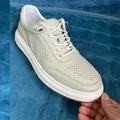 Men's breathable white perforated leather sneakers featuring convenient no-tie laces. - 37 / Hollow Lace-Free Style / Beige