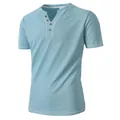 Men's slim fit short sleeve Henley t-shirt featuring light blue seersucker texture - S / Tops / Light Blue