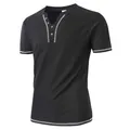 Black men's slim fit seersucker Henley shirt with contrast white stitching details - S / Tops / Black
