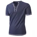 Navy blue men's slim fit seersucker short sleeve Henley shirt with bubble textured fabric - Navy Blue