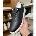 Men's premium black cowhide leather slip-on sneakers with thick white rubber sole - 37 / Single-Lined Lace-Free Style / Black