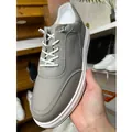 Grey textured genuine leather men's sneakers featuring white sole and lace-up design - 37 / Single-Lined Lace-Free Style / Gray