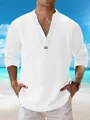 Macro detail of breathable white cotton linen shirt featuring a stylish stand collar - S / Tops / White