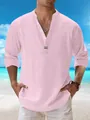 Detail of pink cotton linen beach shirt featuring stand collar and white buttons - Pink