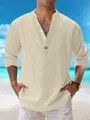 Detailed texture of men's beige cotton linen beach shirt with stand-up Henley collar. - S / Tops / Khaki