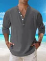 Men's casual grey cotton linen Henley shirt featured in a sunny tropical beach scene - Dark Gray