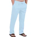 Detail of men's light blue linen trousers featuring a drawstring and elastic waistband - Light Blue