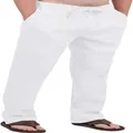 Men's lightweight white linen pants with adjustable drawstring waist for casual summer wear - S / Bottoms / White