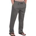 Detail view of men's dark grey linen pants with drawstring elastic waist and side pockets. - S / Bottoms / Dark Gray