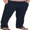 Detail view of men's navy blue linen trousers featuring a drawstring elastic waist - S / Bottoms / Navy Blue