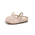 Elegant nude pink mesh girl's princess shoes with sweet bow and floral embroidery detail - Size 24 Inner Length 14.5cm / Apricot