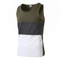 Professional men's slim fit sports tank top with olive green, grey, and white color blocks - S / Tops / Army Green Dark Gray White